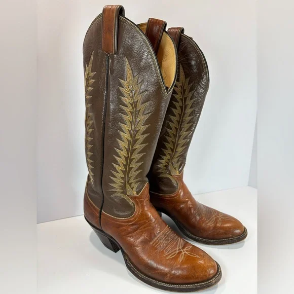 Vintage Tony Lama Women Size 6/ Two Tone Brown Leather Cowboy Western Boots - Picture 3 of 10